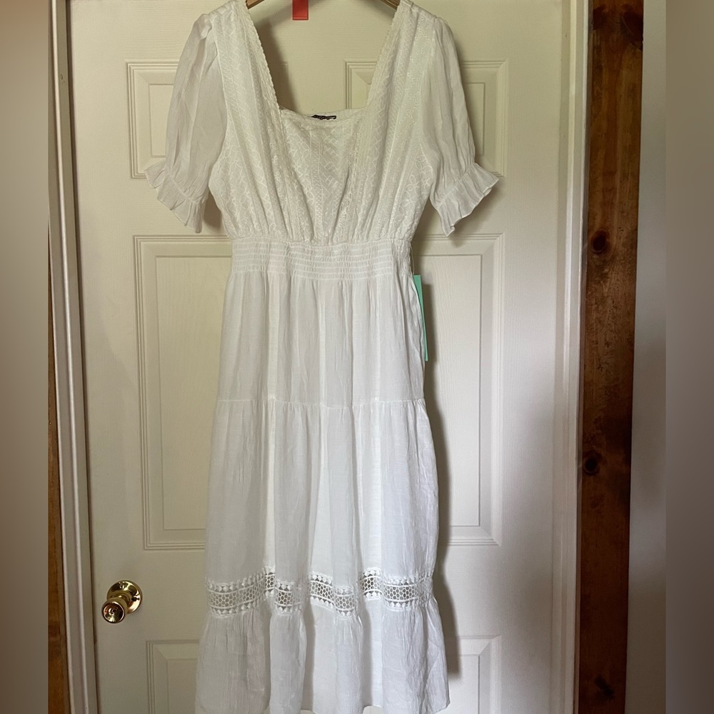 White Waist Cinched Midi Length Summer Dress